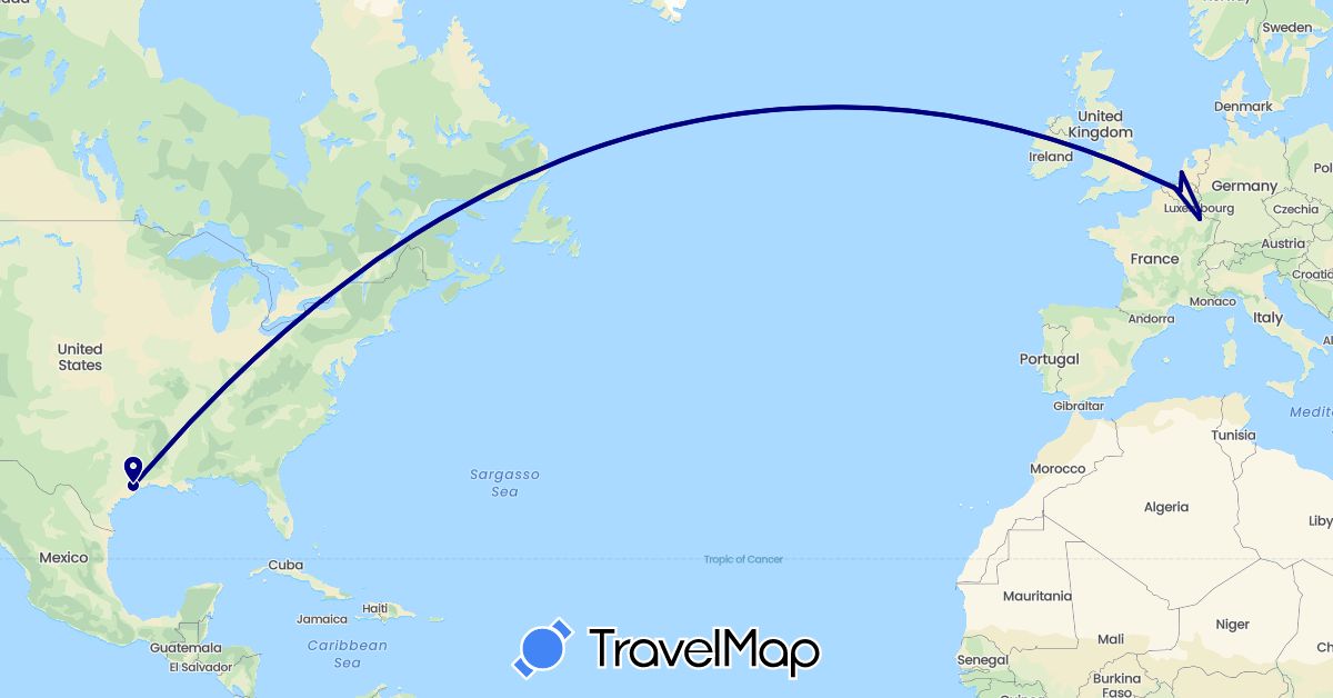 TravelMap itinerary: driving in Belgium, France, Luxembourg, Netherlands, United States (Europe, North America)